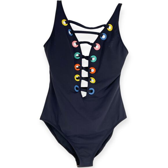 Bleu Rod Beattie Mio Black Rainbow Lattice Criss Cross Plunge Cut Out Swimsuit 6 - Picture 1 of 10
